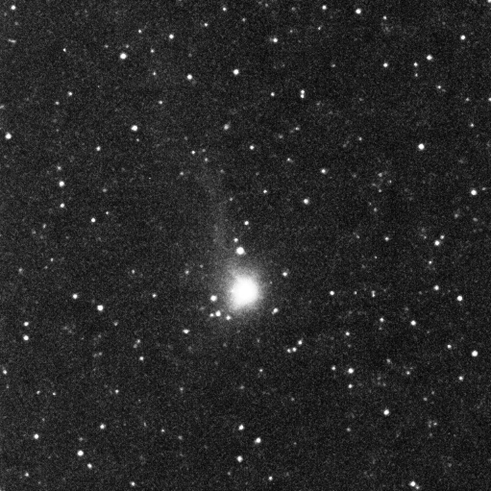 A starfield with 3I/Atlas in the center, visible as a bright fuzzy object with a faint tail pointing upward.