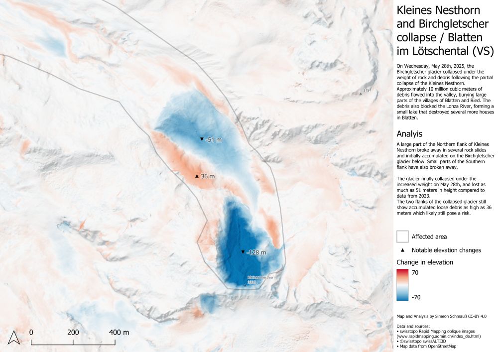 Closer map view showing the top of Kleines Nebelhorn and the Birchgletscher showing a signifcant loss of material at the Northern side of the peak and over the glacier area. 
The side flanks of the glacier have not collapsed yet, with locally up to 36m of loose material.
A small collapse is also evident on the Southern side of the Mountain.