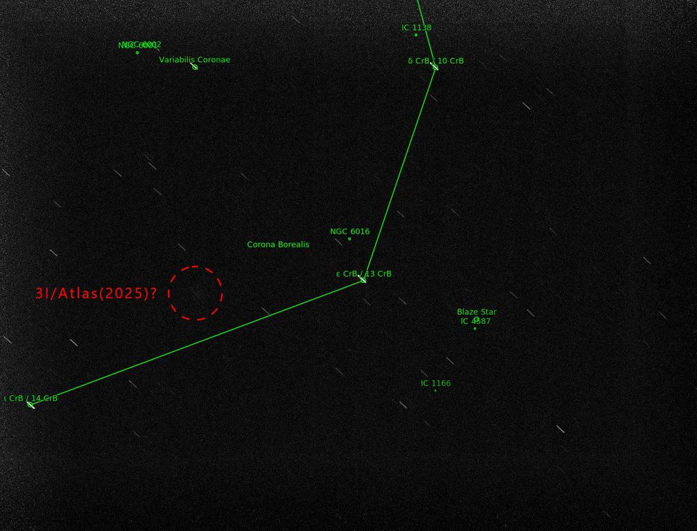 the stars of the constellation corona borealis are annotated in green. a faint smudge, perhaps comet 3I/Atlas is marked with a red circle. 