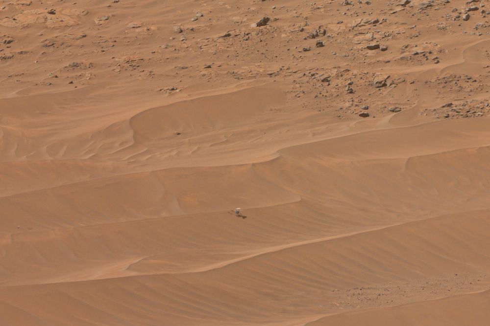 Ingenuity sitting on the slope of a sand ripple after Flight72.