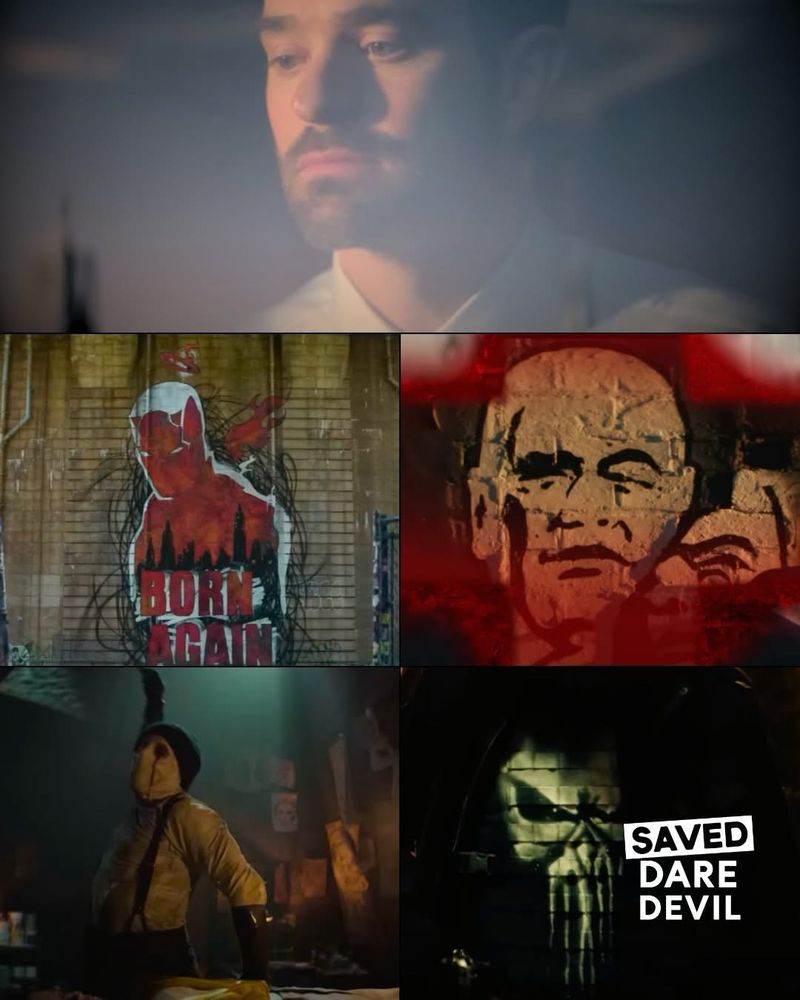 Top image from new teaser trailer is Matt Murdock standing in front of a window; second image is graffiti of Daredevil with the words "born again"; next is graffiti of Wilson Fisk; bottom left image is the villain Muse about to stab one of his victims; bottom right image is the Punisher logo. Saved Daredevil.
