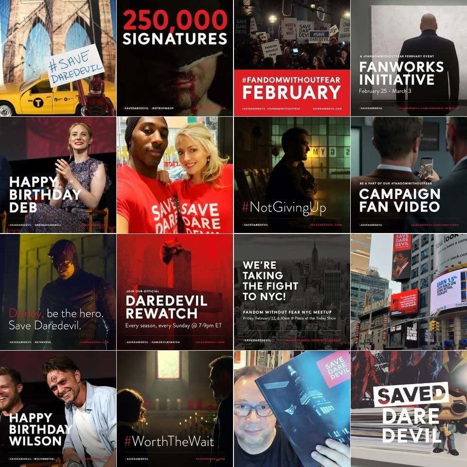 Collage of #SaveDaredevil social media posts from 2019, including: Birthday wishes to Deborah Ann Woll and Wilson Bethel; celebrating 250,000 signatures on our petition to save the show; a photo of the Times Square billboards we rented; promotions for a Daredevil rewatch, a fan meetup in NYC, and various campaign initiatives; and a photo of Joe Quesada holding up a book of fan letters we compiled for him.
