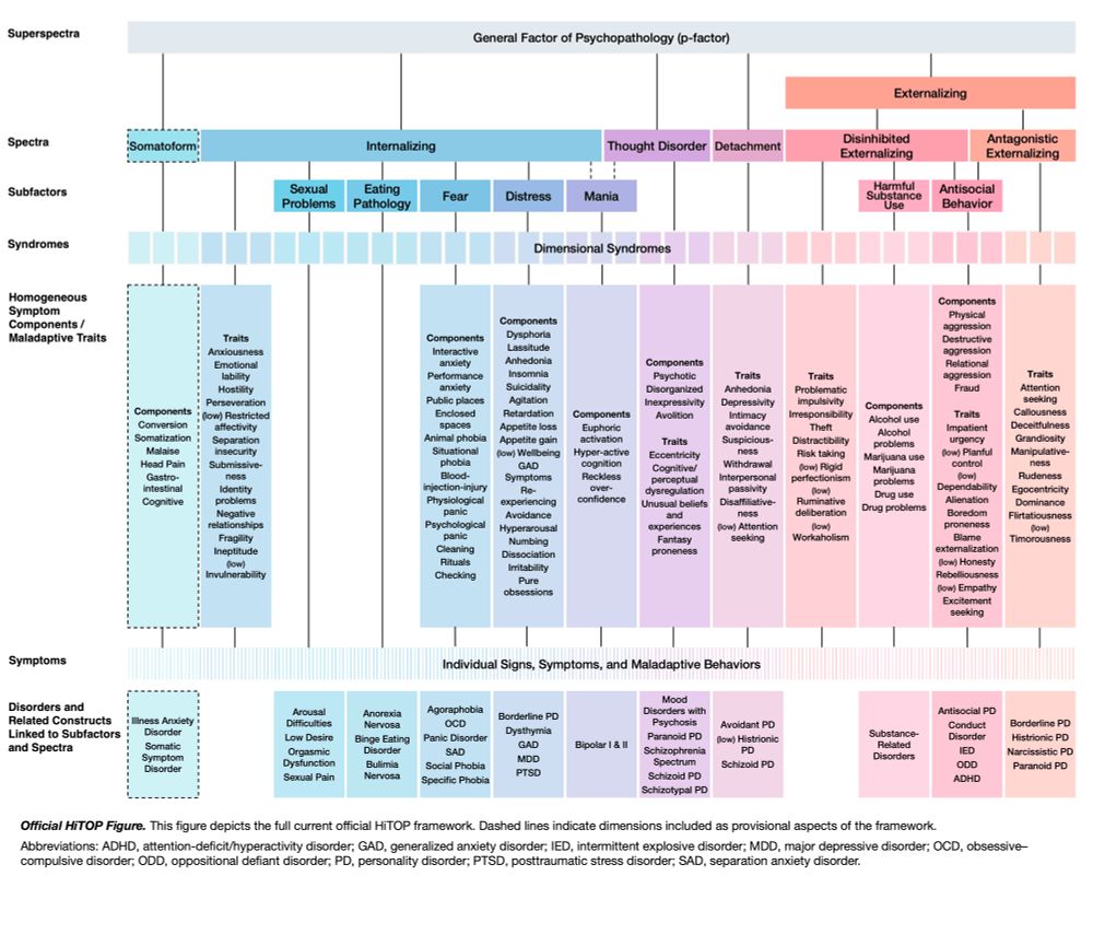 The current official HiTOP model - a hierarchy of dimensional psychopathology constructs ranging in breadth from superspectra at the top down to individual signs, symptoms, and maladaptive behaviours at the bottom (as well as a list of disorders and related constructs that are linked to the subfactors and spectra)