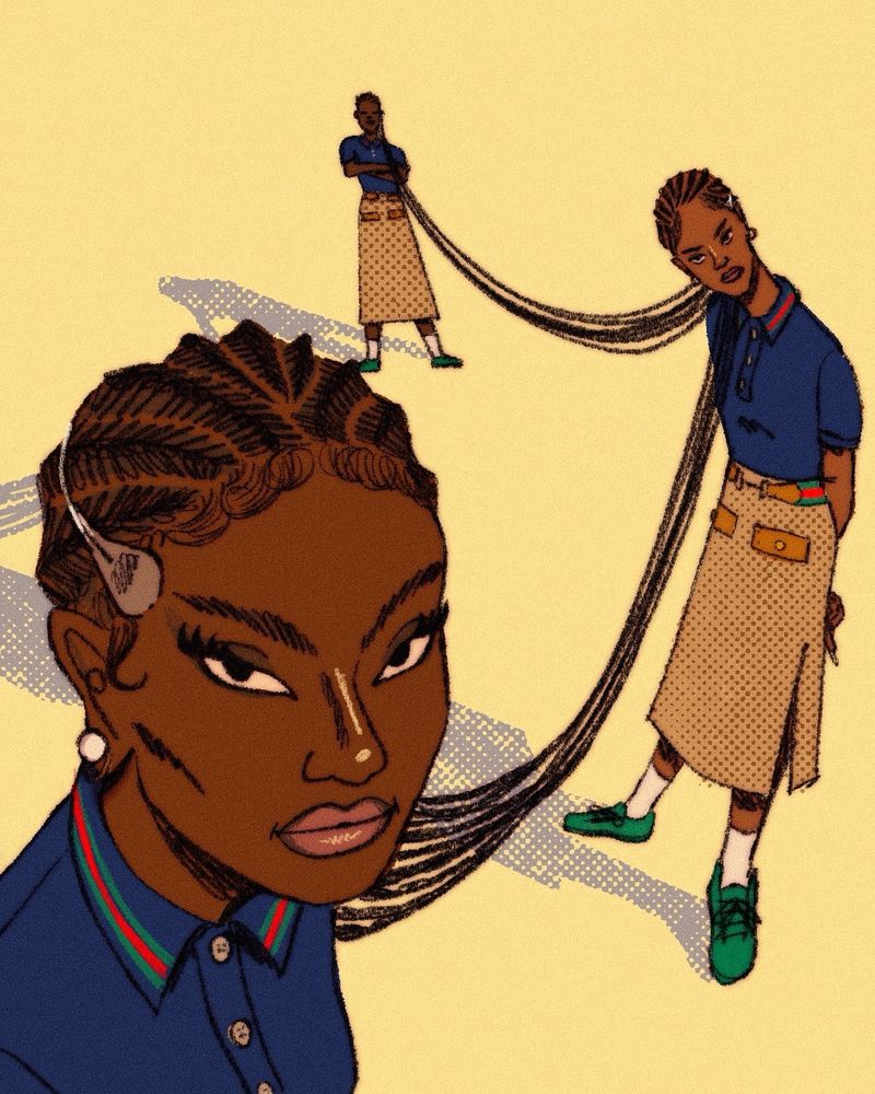 Drawing of Doechii and her two dancers with their braids attached