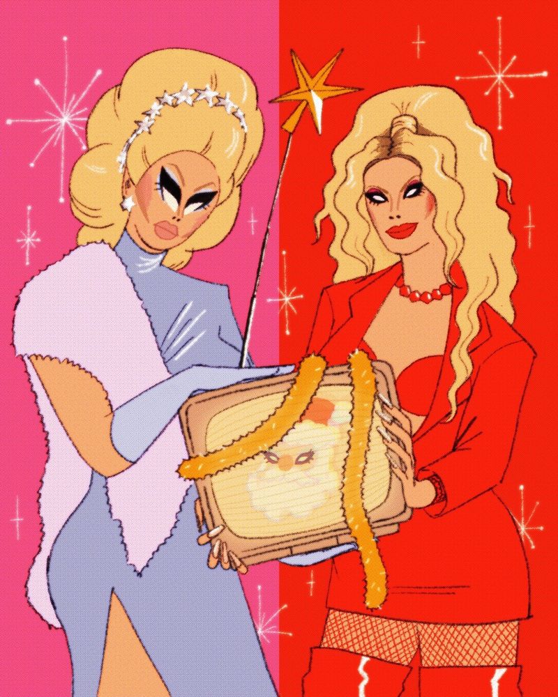 Trixie Mattel and Katya Zamolodchikova holding a TV in front of pink and red backgrounds