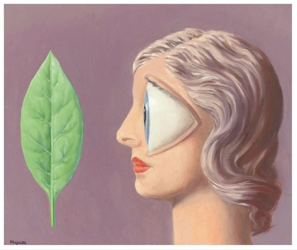 Magritte painting of a leaf and a woman's profile with one big ass eye