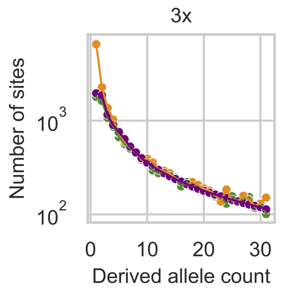 Comparison of allele frequency spectra for 3x coverage, with and without our bias model.
