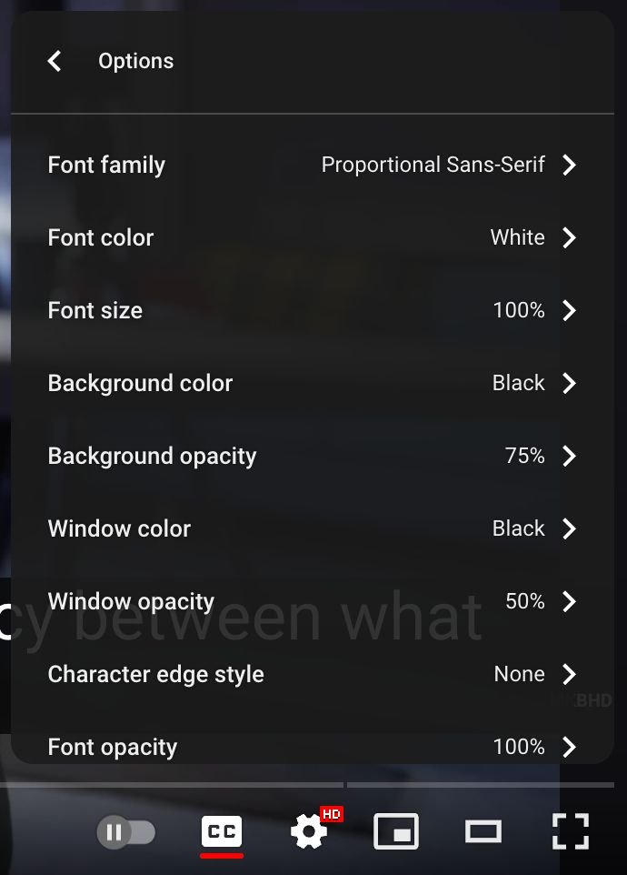Settings panel for YouTube captions font options, showing nine different options.