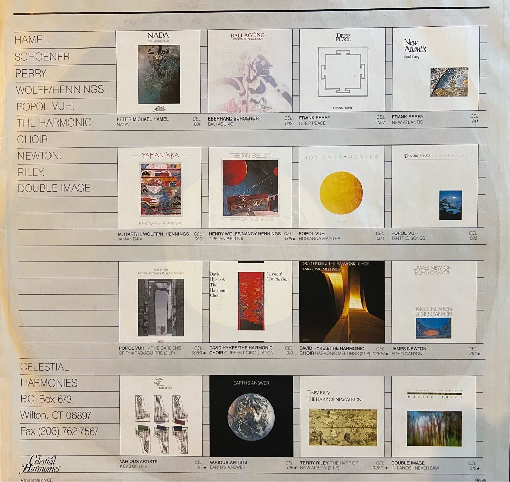 Inner record sleeve showing a bunch of 80s records from the Celestial Harmonies label