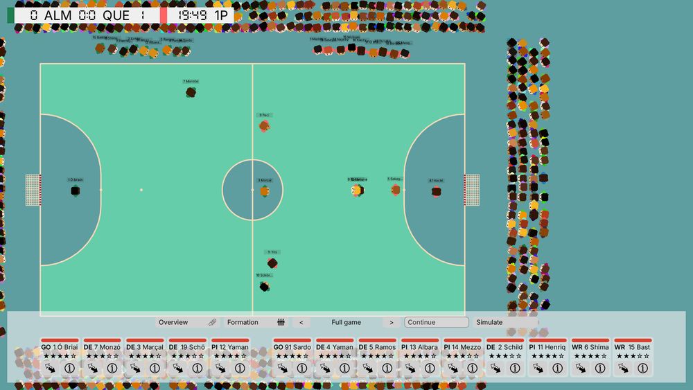 A screenshot of the game during a match with spectators on each side of the pitch. The field is green and blue and has 10 futsal players competing.