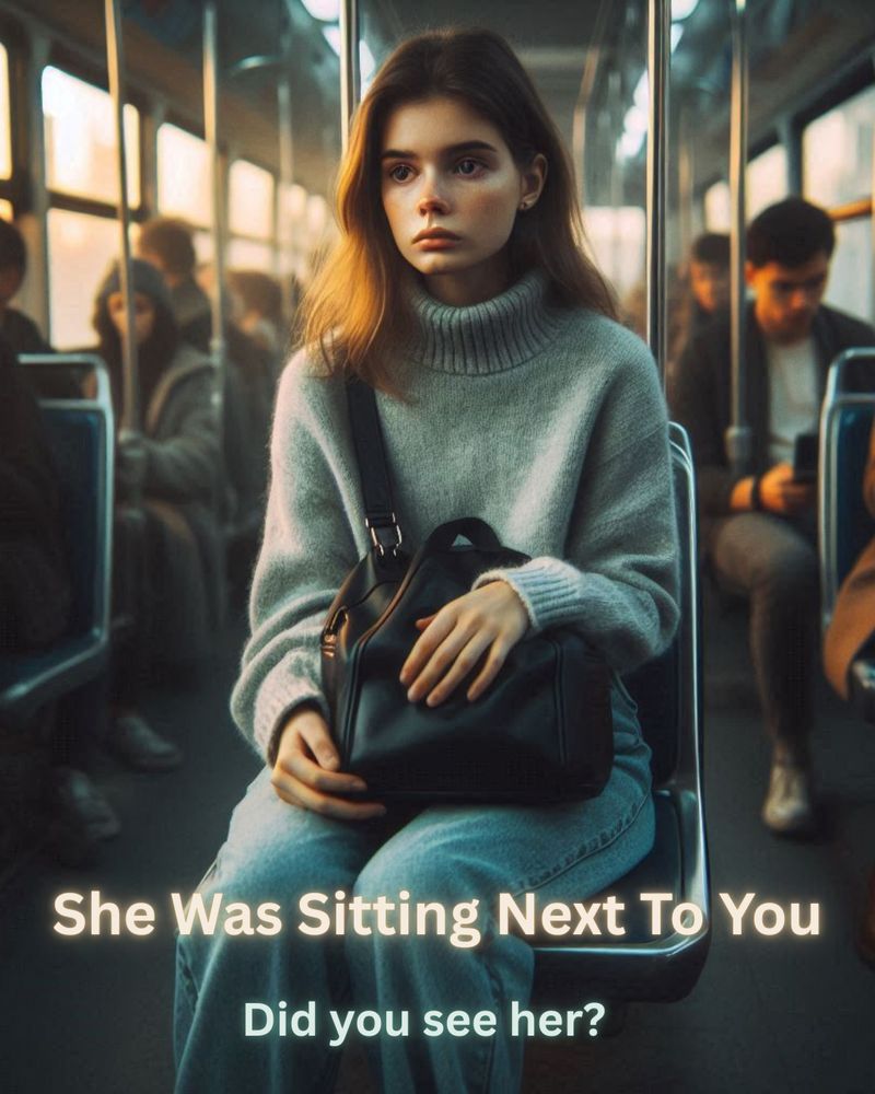 A young woman sits alone on a city bus, looking anxious