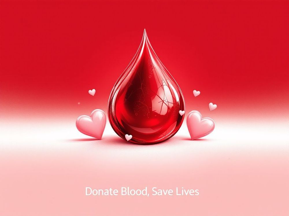 A vibrant illustration featuring a stylized red blood drop at the center, with three smaller hearts emerging from it, symbolizing the lives that can be saved with a single blood donation.