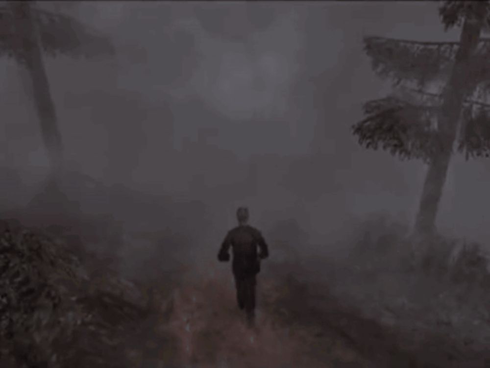 a man is running through a foggy forest with trees in the background