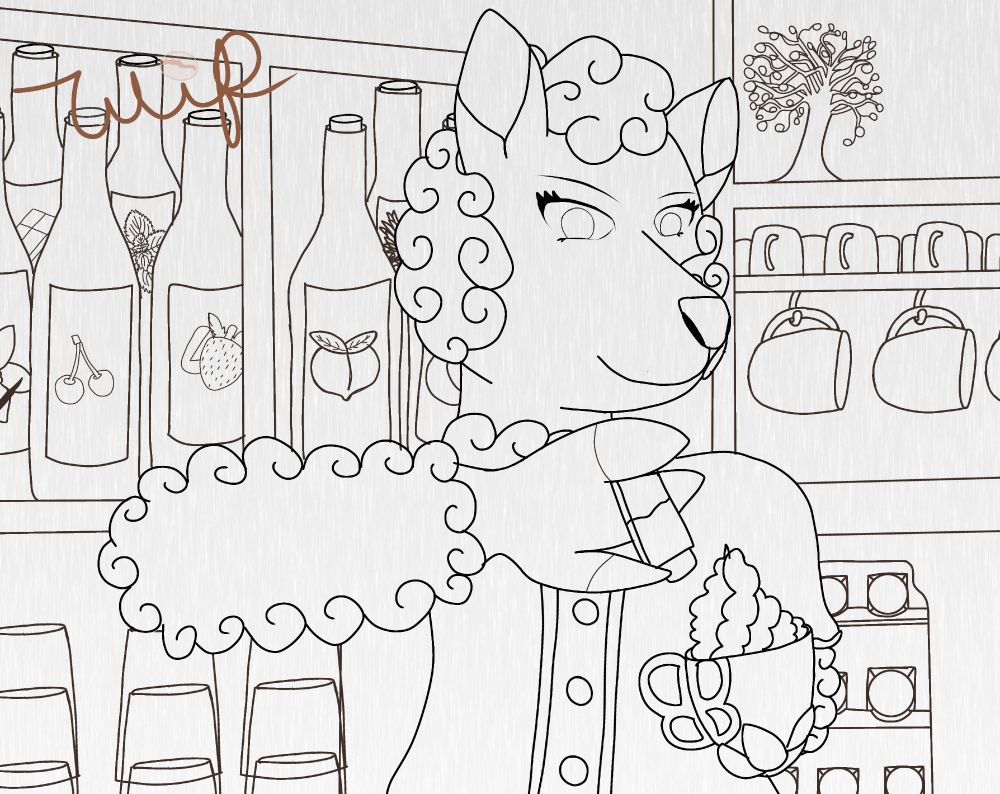 A library WIP of a sheep holding a whipped coffee and a shaker surrounded by cups and spices