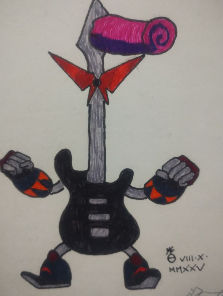 Um baixo com pernas e braços, óculos vermelhos pontudos na parte superior e um topete cilíndrico acima dos óculos 