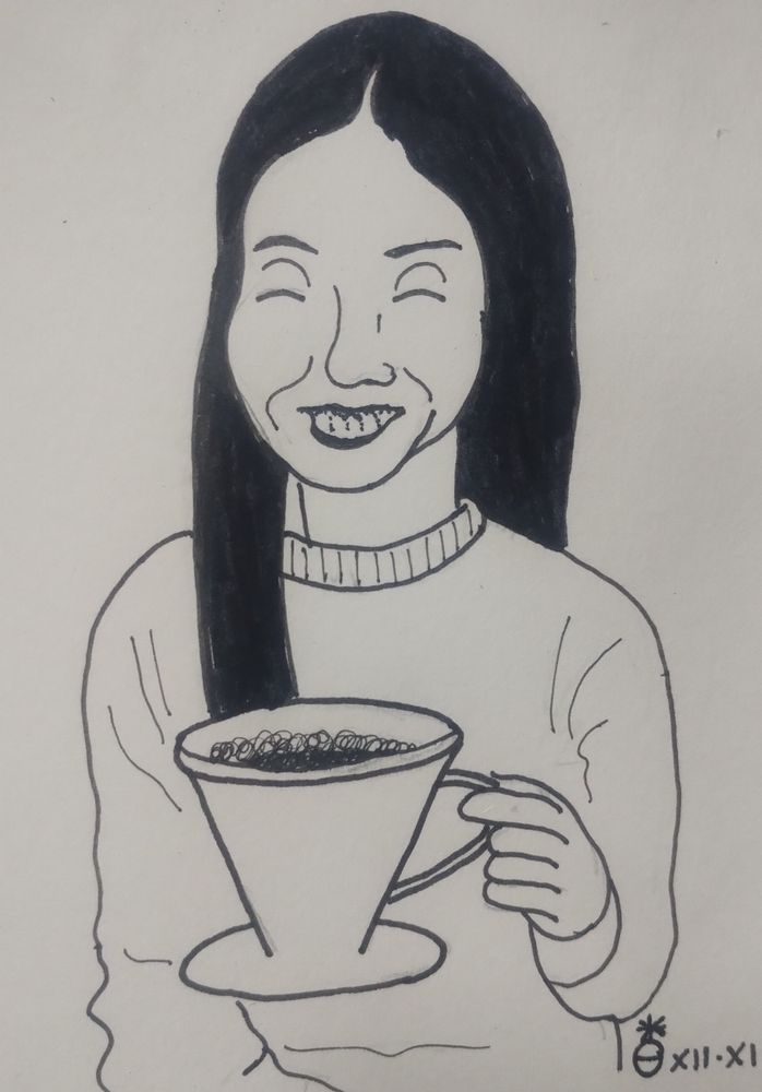 Desenho de uma mulher sorridente tomando café no filtro