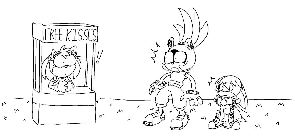 Surge and Kit freeze in shock at the sight of Amy Rose and her booth. Amy is also surprised to see them.