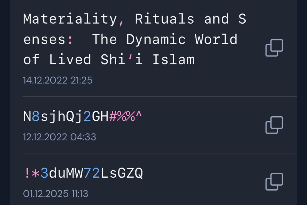 a screenshot of a password history showing a bunch of series of numbers and characters and a book title about shia islam