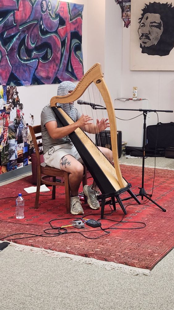 A local musician plays an electric harp for a captive audience