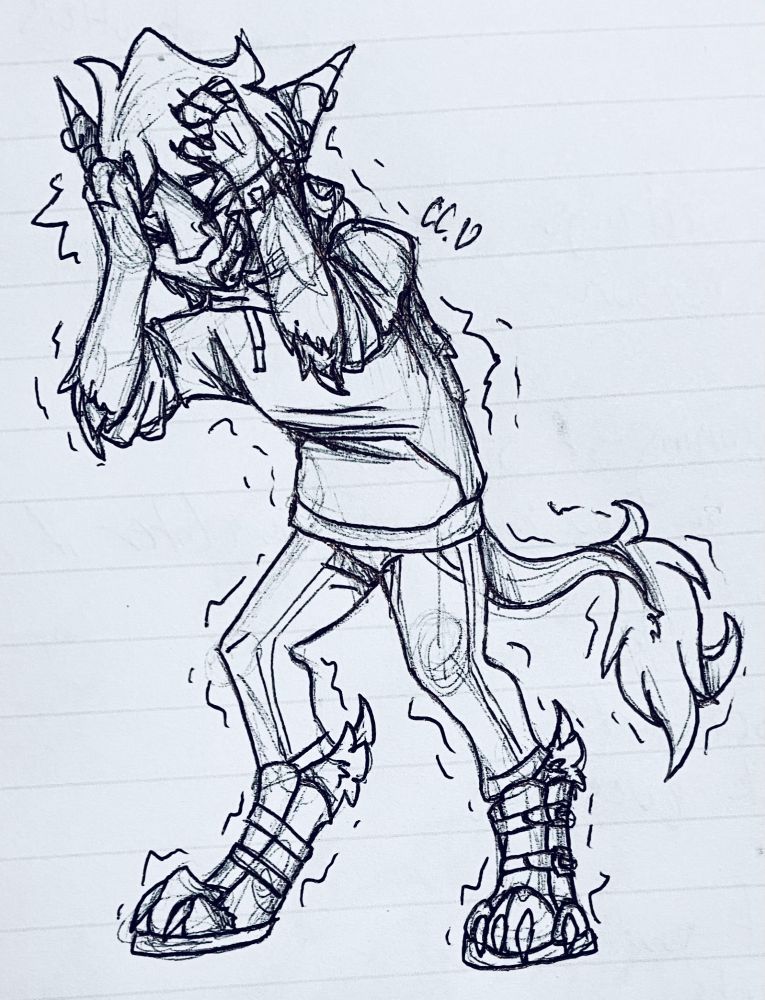 A drawing of my OC, Elijah, transforming into his dragon form. He is grabbing at his head, eyes closed, a pained expression on his face. Fur and spikes can be seen growing in on his elbows and heels. His boots are split open at the toes to show draconic talons. A short tail can be seen behind him, tipped with fur and a semi-hidden stinger.