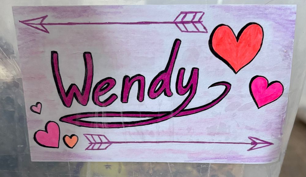 A name tag for a guinea pig named Wendy.  Her name is written in pink lettering and is surrounded by bright pink hearts of various shades. Series are drawn along the top and bottom between the hearts, going in opposite directions.