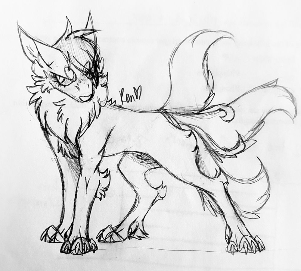 A traditional sketch of a kitsune, meant to be an alternate universe version of Yusuke Kitagawa from Persona 5. He has an elegant stance with his head tilted down, a serious expression on his face. Three tails are in various positions behind him, with two ribbons flowing alongside them.