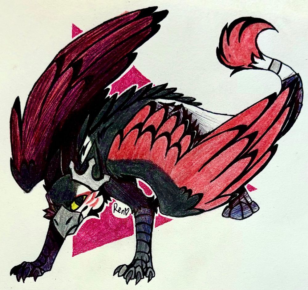 A drawing of a black and white griffin with golden eyes, red wings, and red face markings. His bird front legs and beak are grey. He is wearing a silver crown around one ear.