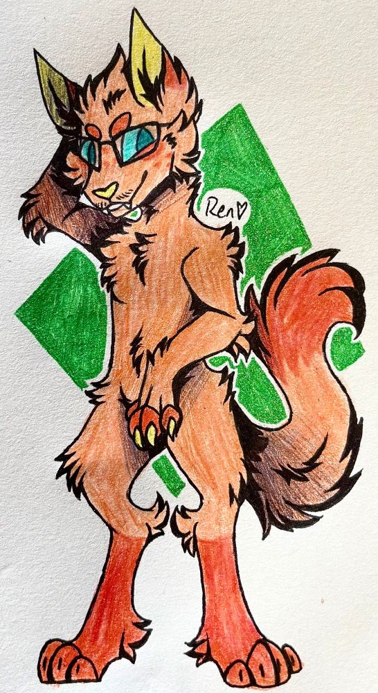 A traditional drawing of an orange anthro cat character wearing glasses