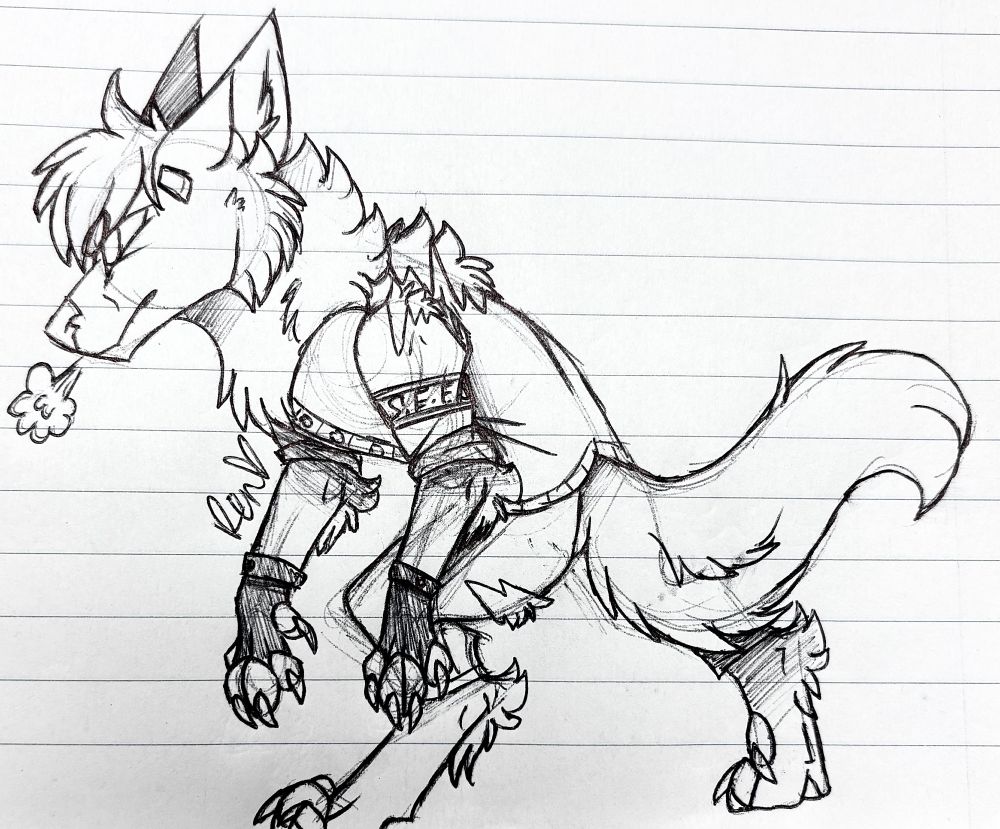 A traditional doodle of Akihiko Sanada from Persona 3 as a werewolf. He has a serious expression and is standing, slightly hunched, on his hind legs. He is still wearing his usual outfit and S.E.E.S. armband, though there are a few tears in his clothing.