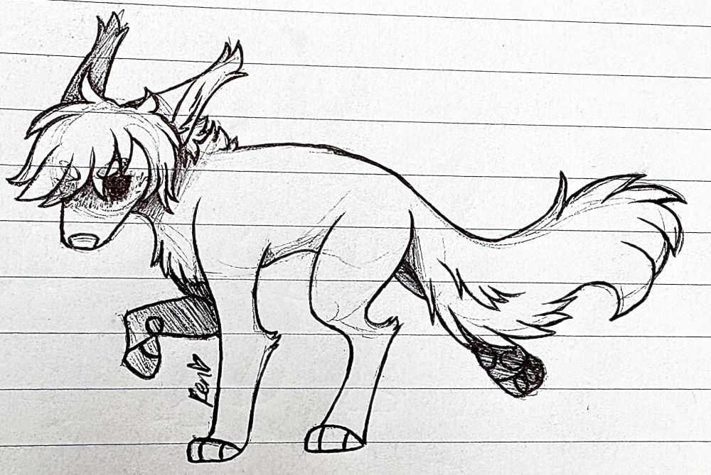 A chibi drawing of the Persona 3 protagonist as a werewolf. His fur is sleek, but longer and fluffier around his face, neck, and tail. He has a tired expression on his face. 