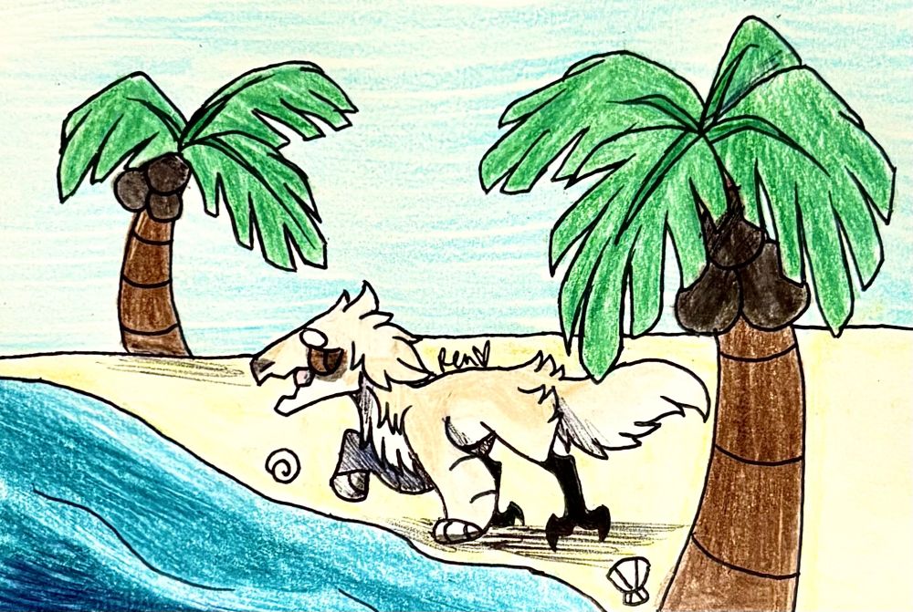A traditional drawing of a borzoi-themed jolleraptor (closed species by SoupIing on DA) on a beach, close to the edge of the water. There are palm-like trees on either side of him and seashells in the sand around him.