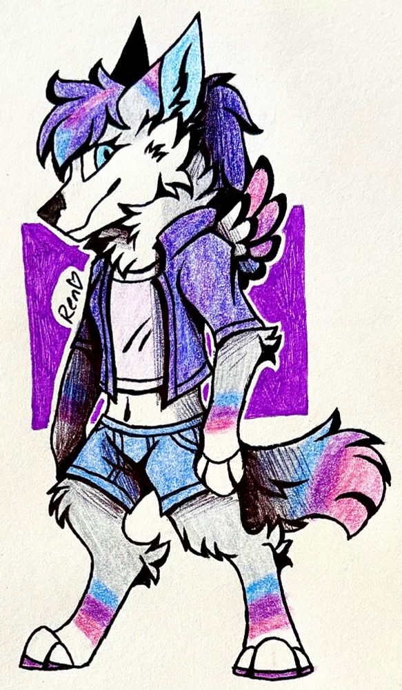 A traditional drawing of a canine furry character with small wings