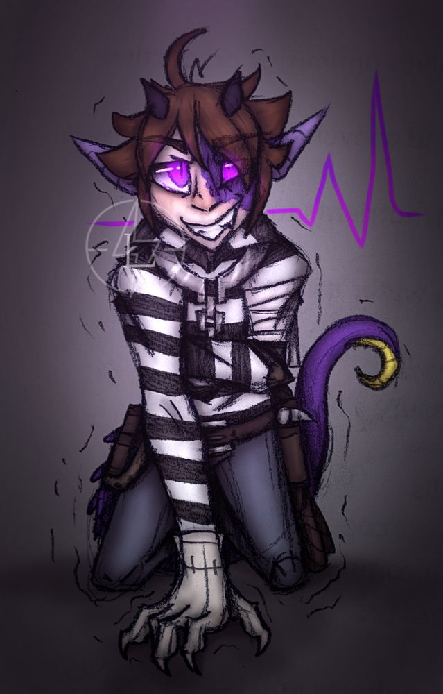 A drawing of Luca Balsa, from the game Identity V, transforming into a demon monster. He is facing the viewer head-on with one hand splayed out in front of him on the ground, claws pressing against the fabric of his gloves. His other arm is tightly gripping his chest, implying pain, but yet, he has a sharp-toothed smile on his face. His left eye is covered by a patch of purple scales, the sclera of that eye turned completely black. Both irises are glowing bright purple. His ears are pointed and have turned a lavender color. A purple reptilian tail with yellow scales lining the bottom is visible behind him.