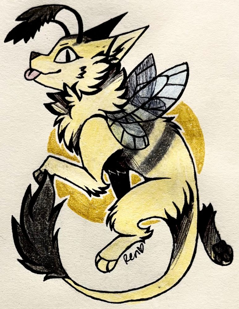 A traditional drawing of a bee cat hybrid character in a playful floating pose