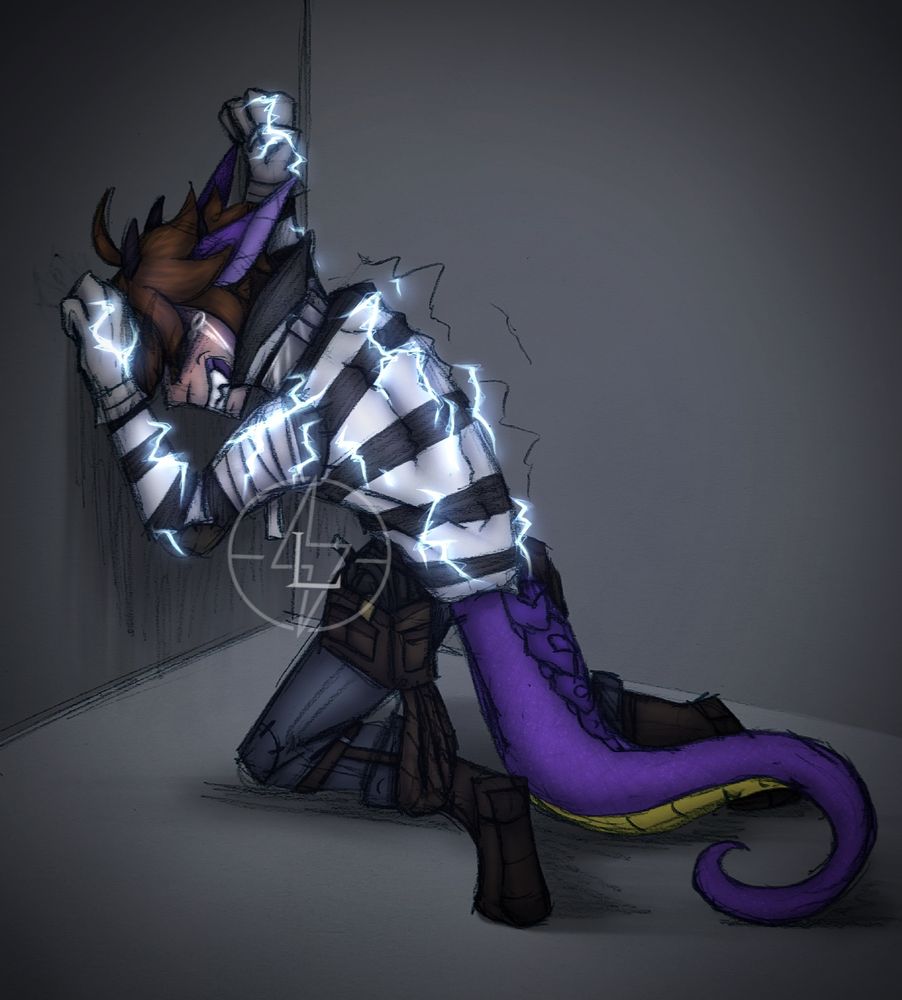 A drawing of Luca Balsa from the game Identity V. He has his back turned to the viewer and is hunched over in pain, gripping the wall in front of him. Electricity can be seen all over his upper body. His face is more visible in this drawing, showing that his teeth are gritted and have become fangs. He is crying. He also now has a long, reptilian tail behind him. Drawing finished September 21st, 2022.