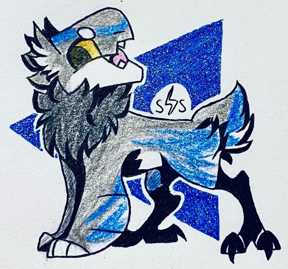 A drawing of a grey and blue jolle with a happy expression