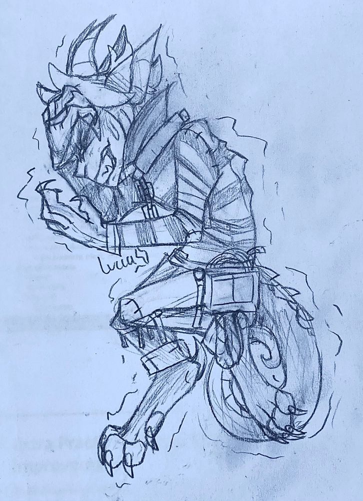 An uncolored sketch drawing of Luca from the game Identity V transforming into a demon monster. It’s implied that he’s curled up on the floor, gripping at his head in pain.