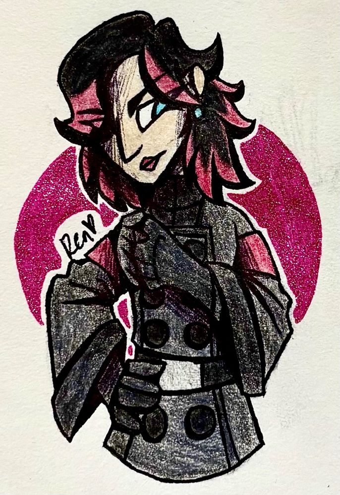 A halfbody drawing of a human character with black and pink hair and a black coat with large sleeves.
