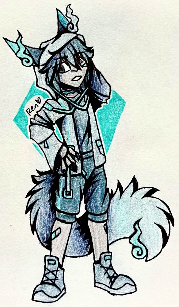 A drawing of a humanoid character wearing a hood with fox-like ears and a tail. Small wispy flames can be seen floating around his ears and tail.