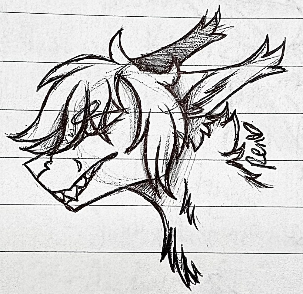 A headshot drawing of a somewhat angry looking werewolf character