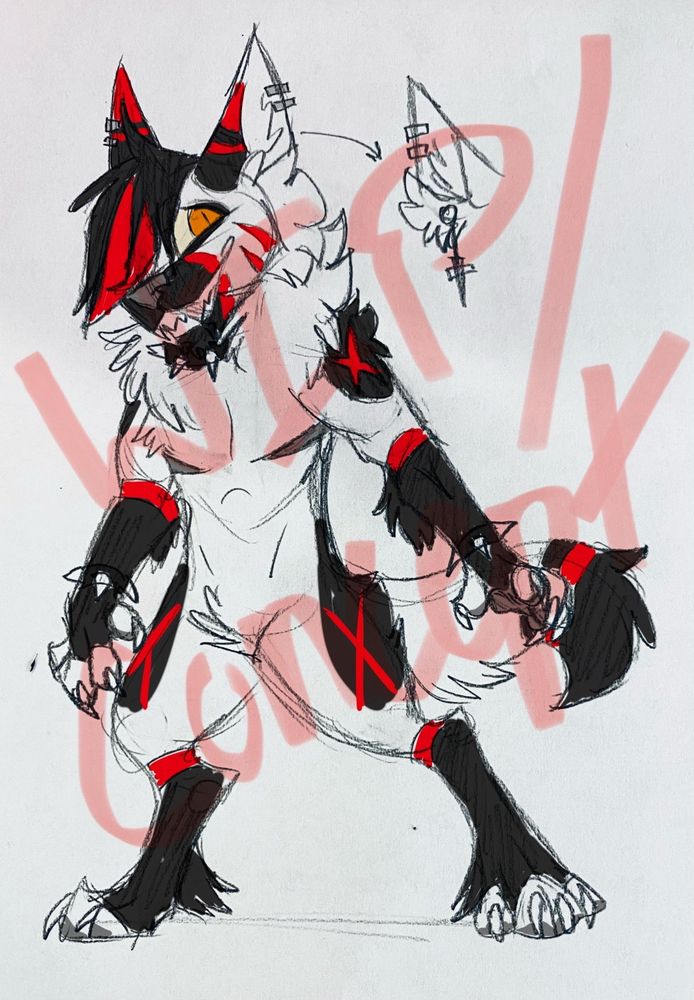 A sketch with rough color patterns of a white anthro wolf with dark patches on his muzzle, ears, shoulders, hips, limbs, and tail, along with bright red markings consisting of bands and X’s. He has several piercings and is wearing a spiked collar and matching bracelets.