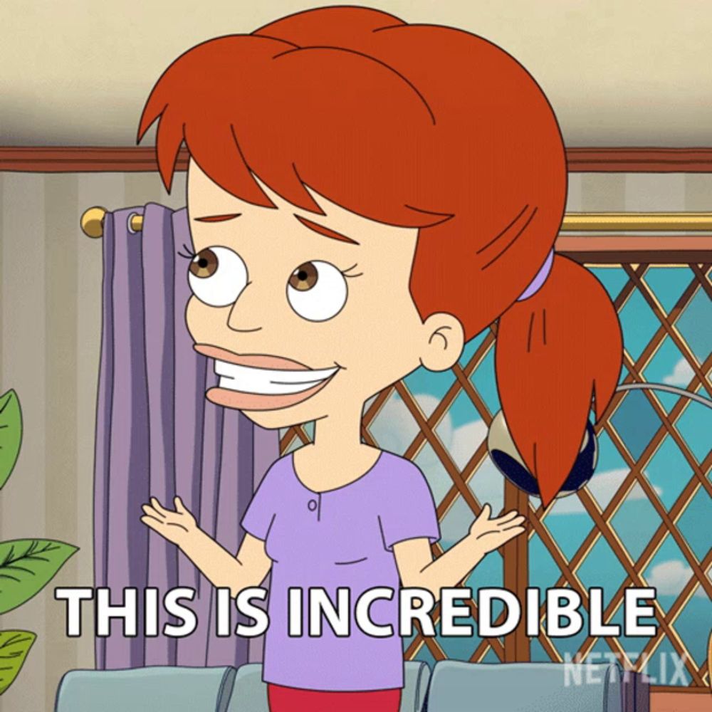 a cartoon of a woman with red hair and the words " this is incredible "