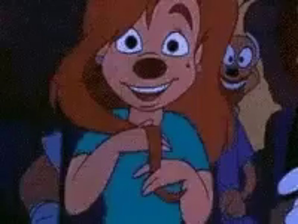 a cartoon character is smiling and holding a dog in her hand .