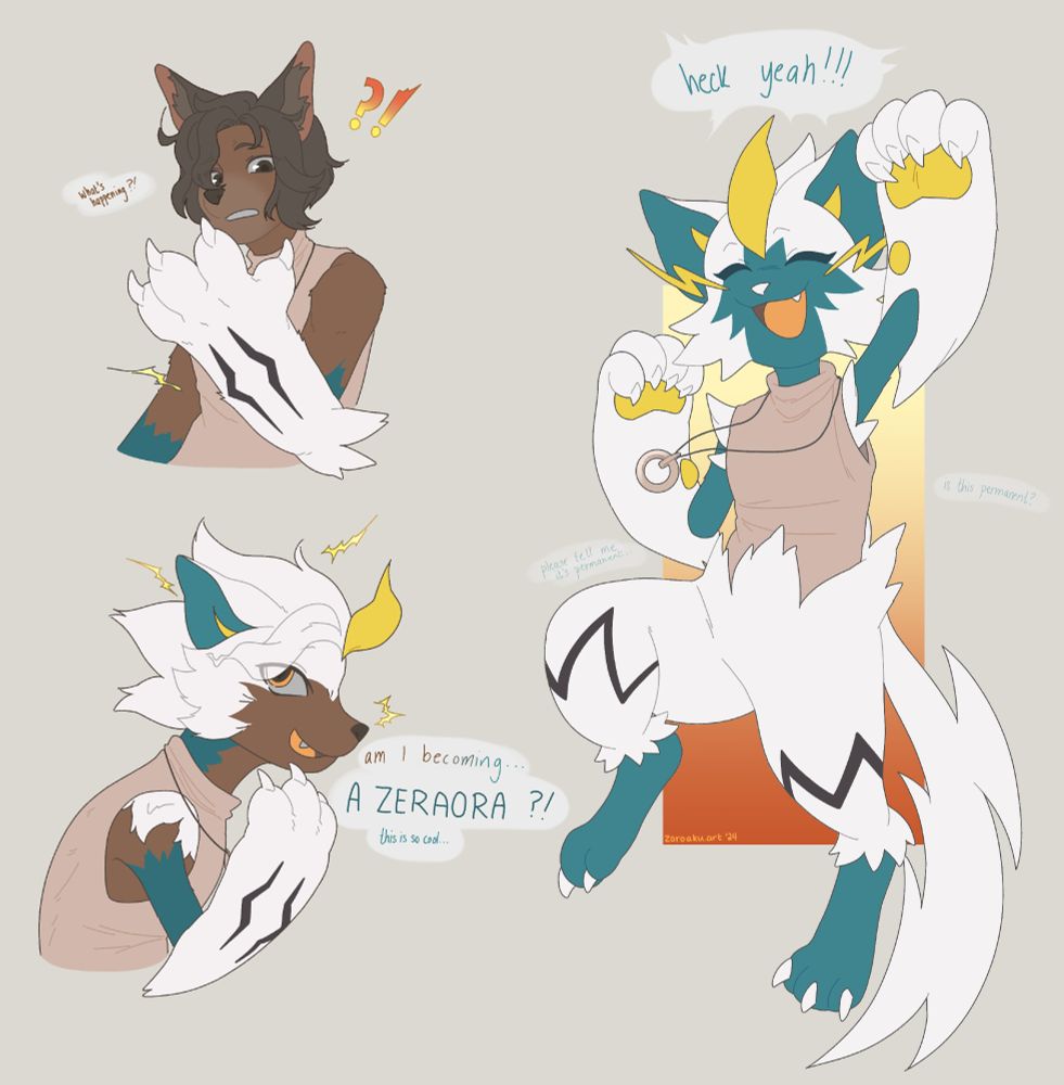 A 3-drawing sequence of my fursona transforming into a shiny Zeraora