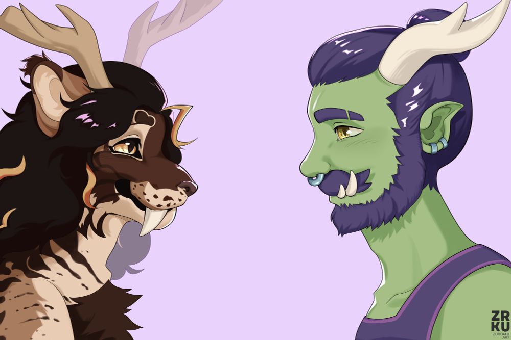 A drawing of an anthropomorphic cat and an orc facing each other with a loving expression on their faces. The drawing has a light, pastel pink background.