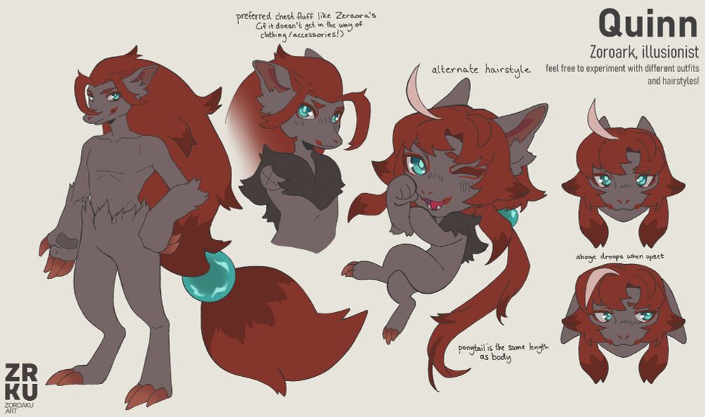 A digital drawing of a Zoroark fursona reference sheet. There's one fullbody displaying their regular design, a halfbody showing them with the usual Zoraork chest fluff, a chibi showing their new hairstyle, and two headshots to show expressions.