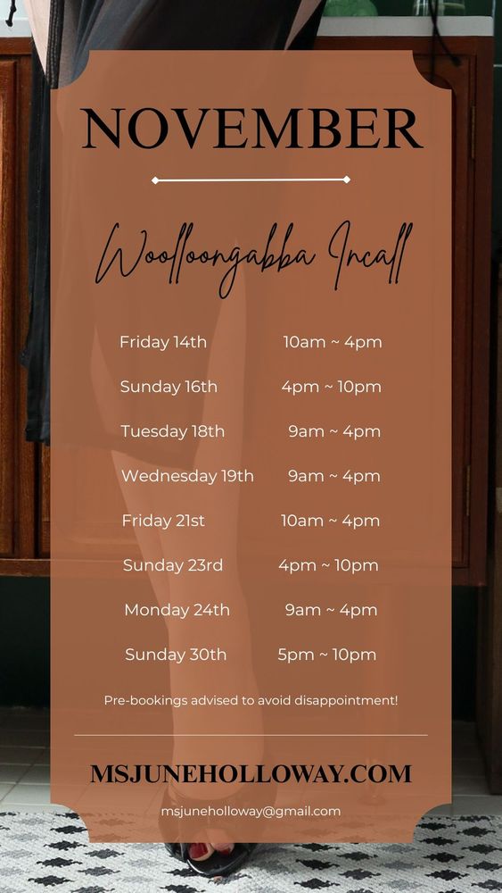 The image depicts a calendar of booking availability, overlayed on top of an image of June's beautiful legs.