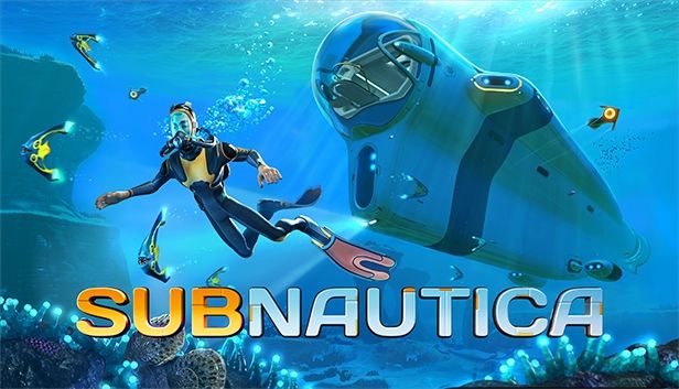 Cover art for the game Subnautica, an underwater horror adventure. It shows the main character, Riley, chasing down some alien fish with his large submarine, the Cyclops behind him.