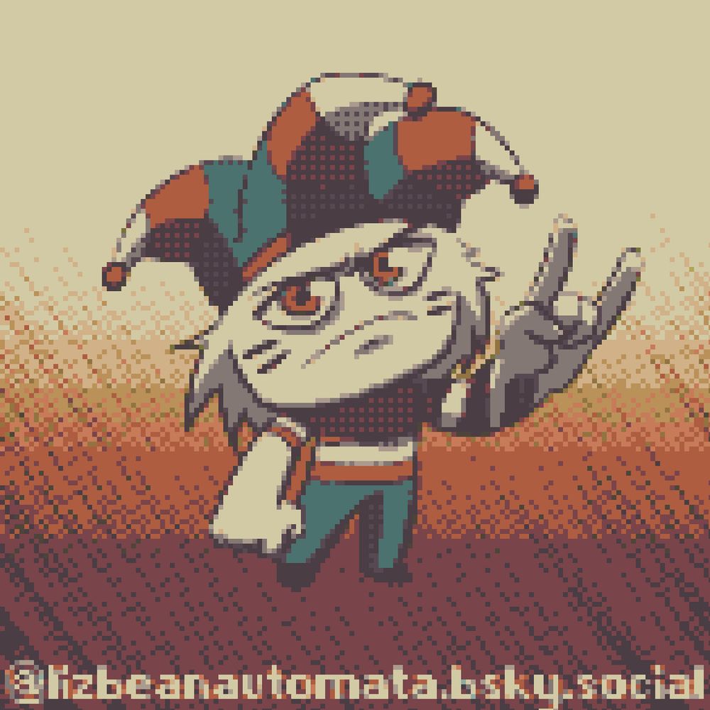 A full body of a small white goblin with a "serious" face. He wears a jester's hat and clothing with a pattern of warm shades of yellow, blue, and white. The character is making the sign of the horns with his right hand. The background consists of abstract diagonal lines. 