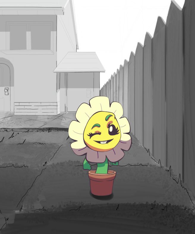 marigold from Plants vs. Zombies winking in a grayscale garden